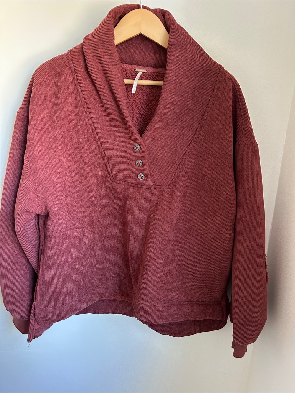 Free People Rose Corduroy Sherpa-Lined Shawl Collar Pullover, Star Buttons, Size